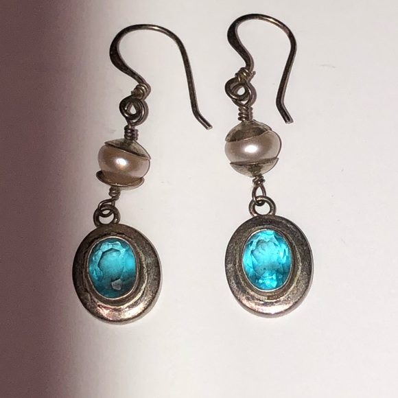 Sterling silver earrings with aquamarine & pearl drop dangle - Picture 6 of 8